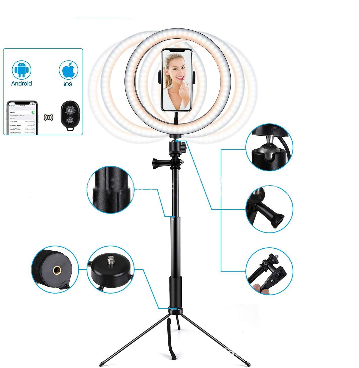 Compatible with Apple, 10 LED Ring Light Lamp Phone Selfie Tripod Stand - Arovion