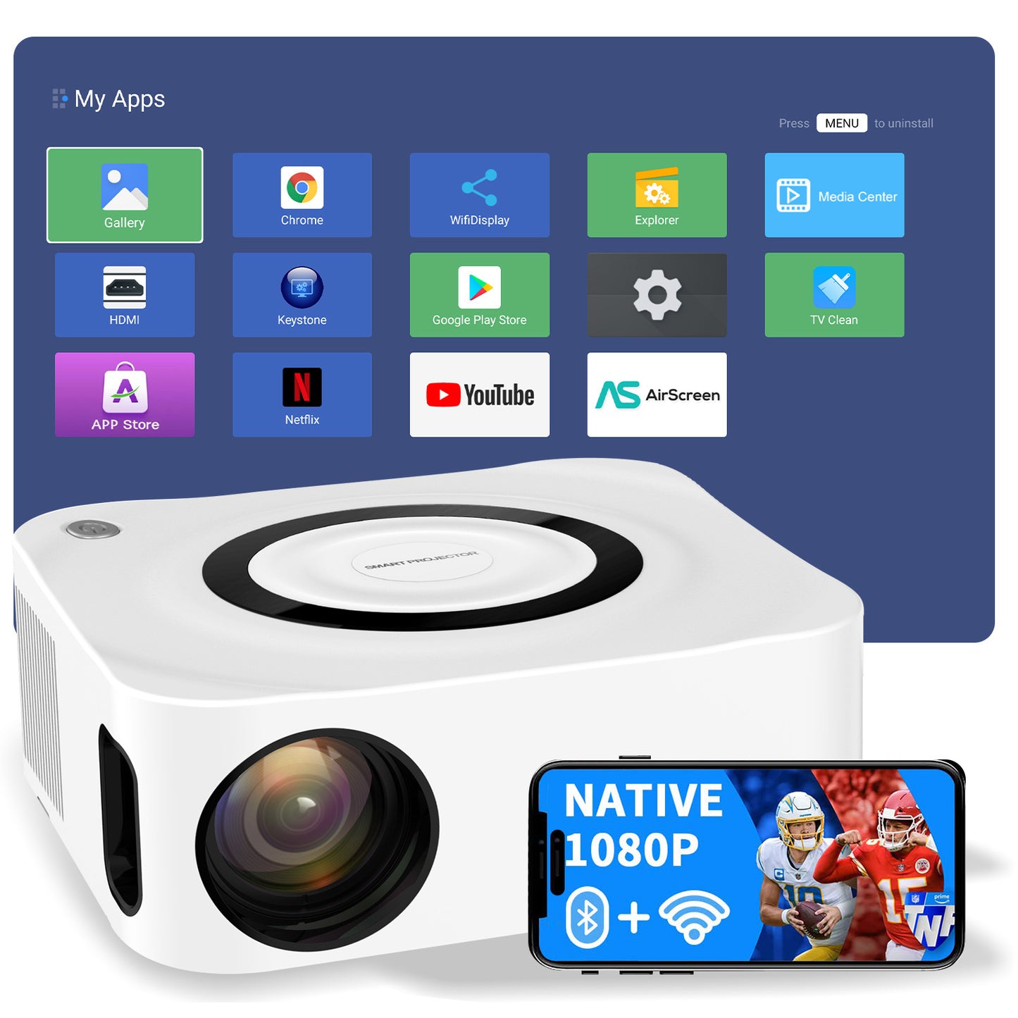 Home HD Projector 1080P Bluetooth WIFI Mobile Smart Projector - Arovion